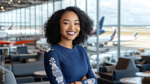Afro woman in blue dress with white embroidery smiling waiting for flight using airplane at airport
