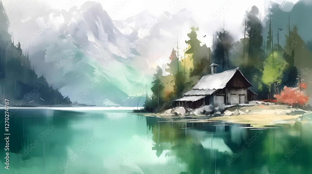 Obraz premium Relaxing by a serene lake watercolor painting