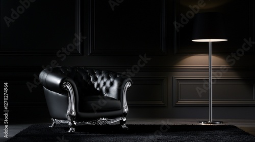 Luxurious black leather armchair in a dark room with a floor lamp.