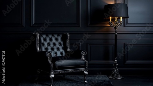 Elegant black leather armchair in dark room with floor lamp.