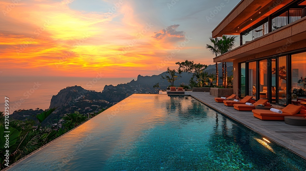 Fototapeta premium Sunset luxury villa infinity pool coastal cliffside relaxation