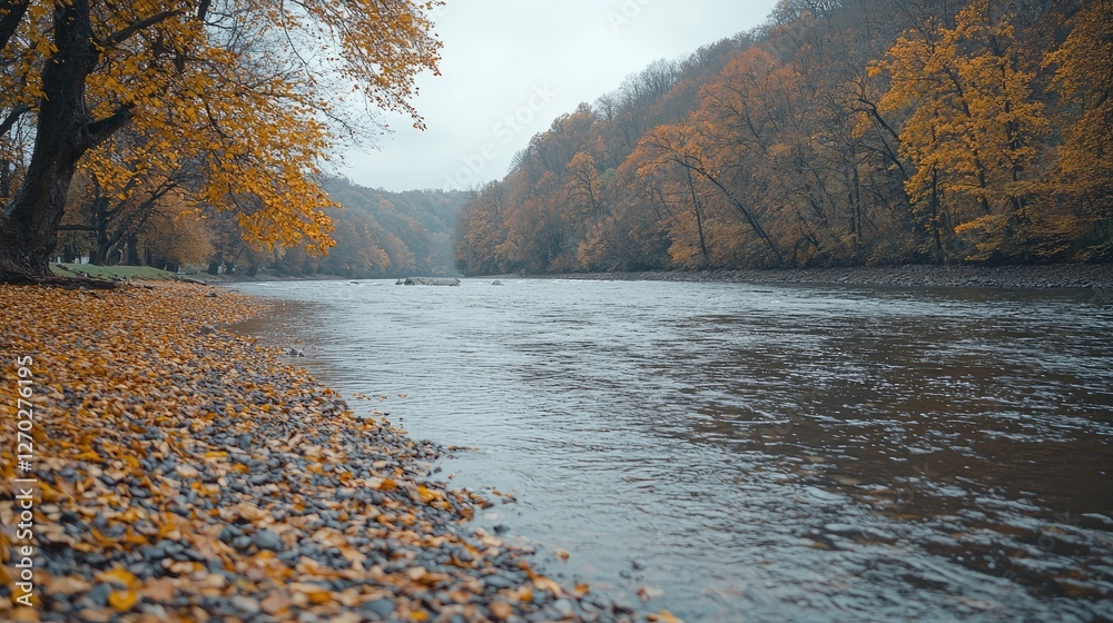 Obraz premium Autumn riverbank, fall foliage, misty hills, tranquil scene, nature wallpaper