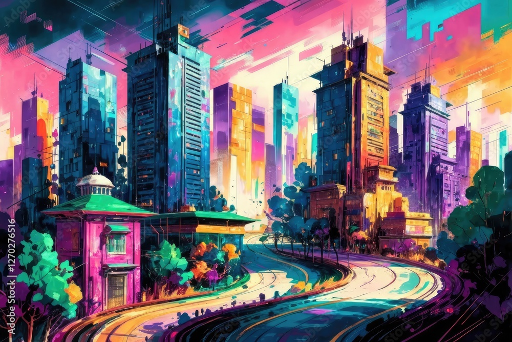 Obraz premium Colorful Buildings, Curvy Road, Expressive Brushstrokes, Bold Palette, Abstract Architecture, Modern Urban Scene, Artistic Impression