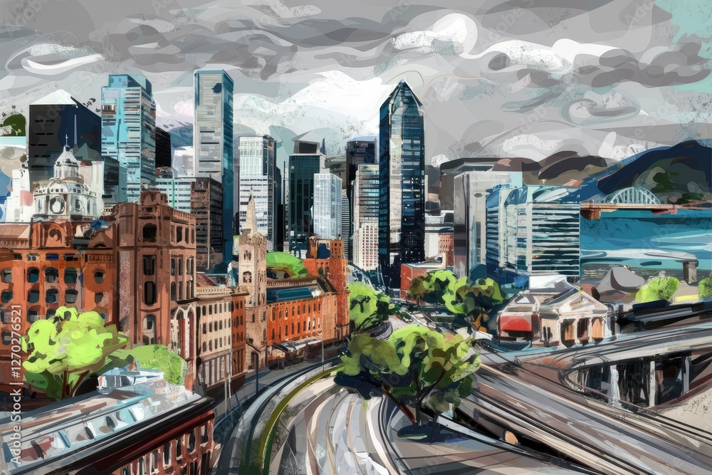 Fototapeta premium Vibrant Stylized Painting of a City Skyline with Railway, featuring bold brushstrokes and a dynamic urban landscape under a textured, cloudy sky