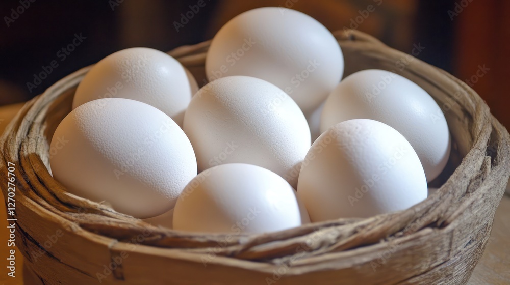 Seven White Eggs in a Rustic Wooden Basket Seven White Eggs in a Rustic Wooden Basket