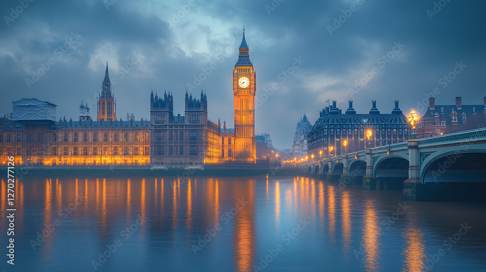 The London skyline is lit up at night, with the iconic Big Ben clock tower visible in the distance. The city's river is reflected in the water, creating a serene and picturesque scene The London skyline is lit up at night, with the iconic Big Ben clock tower visible in the distance. The city's river is reflected in the water, creating a serene and picturesque scene
