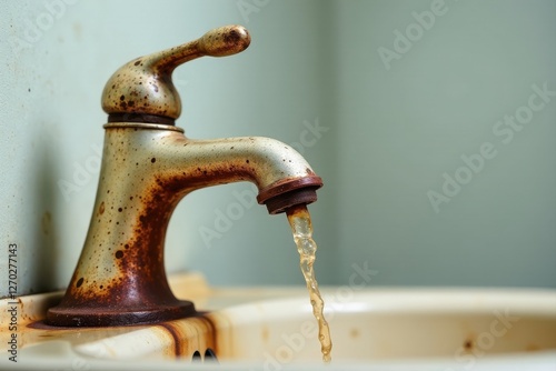 A rusty, aged faucet with discolored water flowing from its spout, sitting atop a stained basin.