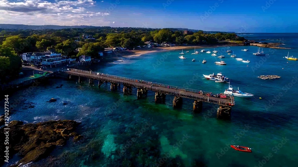 Fototapeta premium Wide Aerial View of Coastal Pier Stretching Into Blue Ocean Under Clear Sky