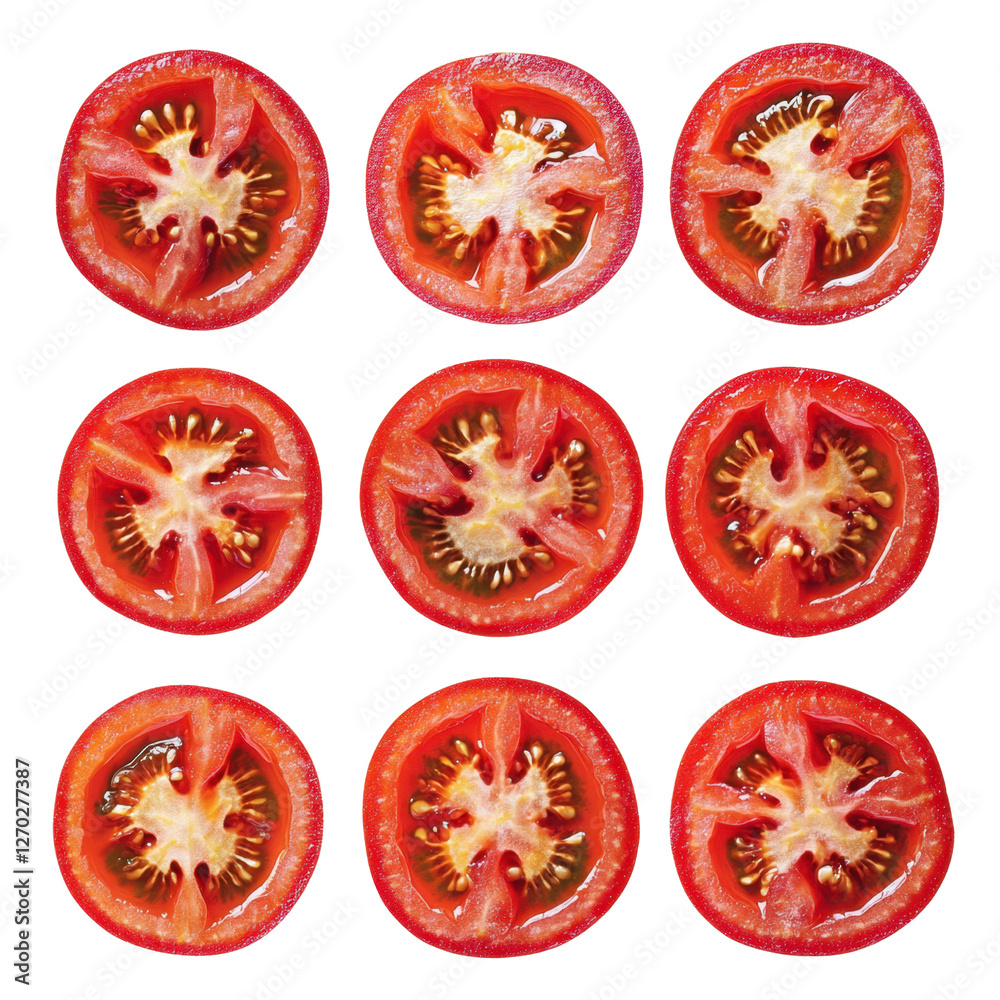 Close-Up View of Freshly Sliced Red Tomatoes on White Background Close-Up View of Freshly Sliced Red Tomatoes on White Background