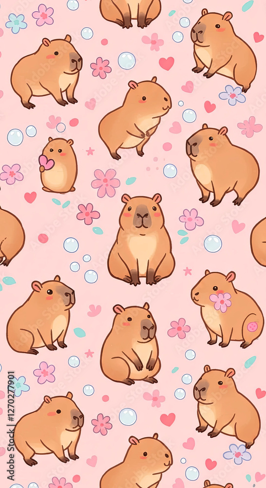 Obraz premium Capybaras in various poses, surrounded by flowers