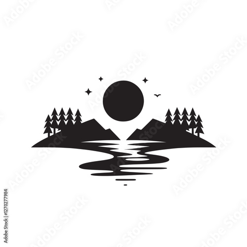 Moonlit lake, mountains, trees.