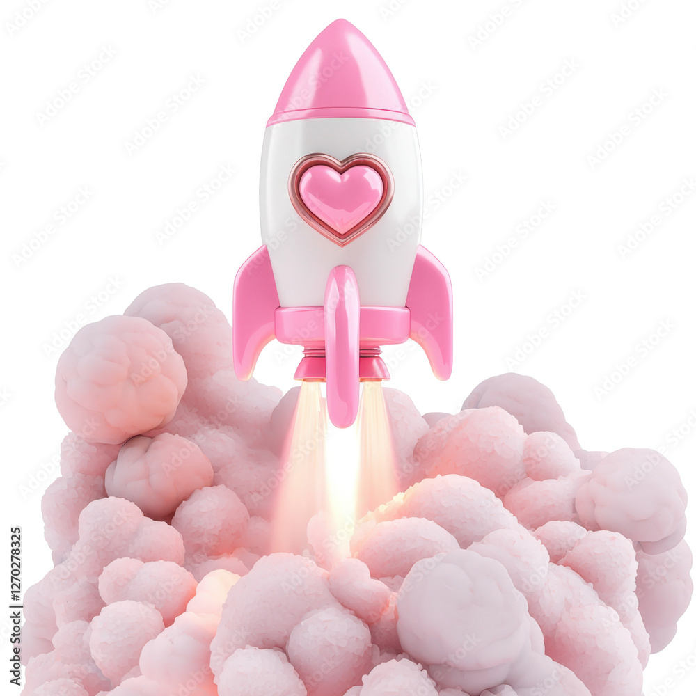Cute Rocket Launching from Pink Cloudy Background with Heart Shape Cute Rocket Launching from Pink Cloudy Background with Heart Shape