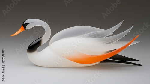 Elegant glass swan sculpture, white, orange, black accents.