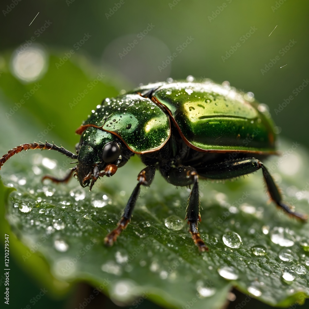 Naklejka premium Leafy Elegance: The Elaphrus viridis Beetle in the Soft Morning Light