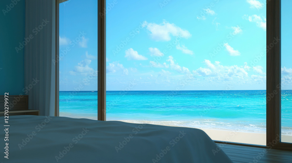 Fototapeta premium Bright Beachside Bedroom with Large Open Windows Offering Stunning Ocean Views