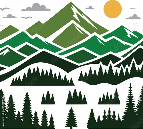 Mountain landscape with forest silhouettes.