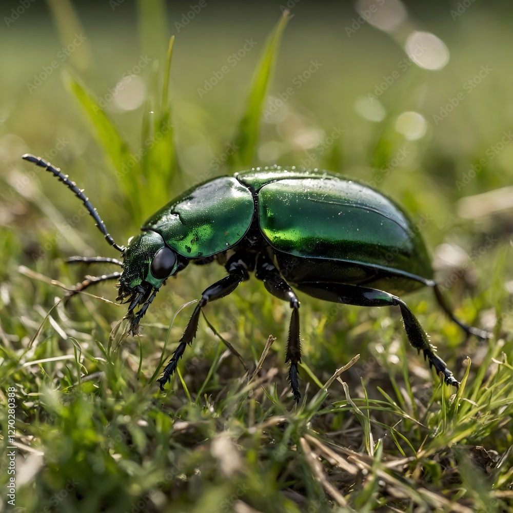 Naklejka premium Vigilant Predator: The Elaphrus viridis Beetle on the Prowl