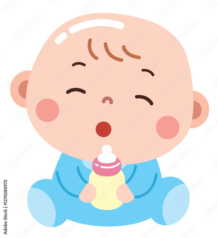 An adorable cartoon illustration of a baby in a blue onesie, holding a milk bottle with a sleepy or satisfied expression An adorable cartoon illustration of a baby in a blue onesie, holding a milk bottle with a sleepy or satisfied expression