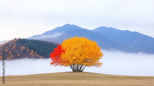 Vibrant autumn tree with yellow and red foliage against misty mountains and soft clouds