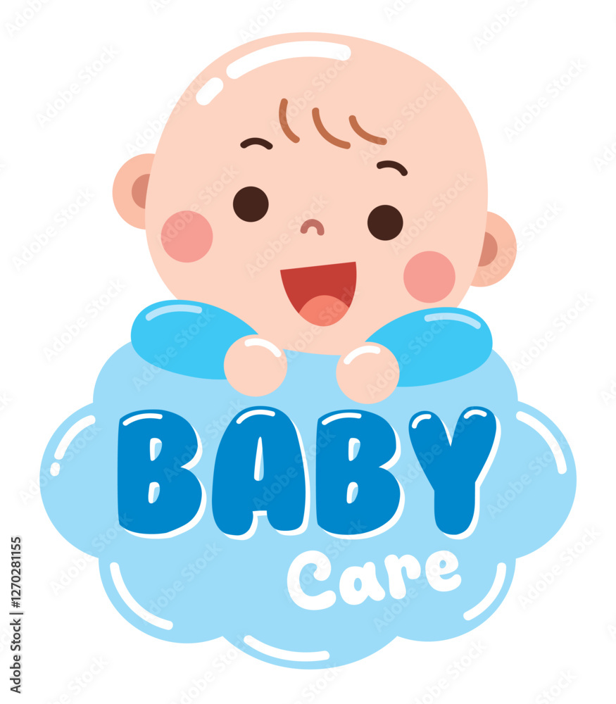A cheerful and adorable cartoon illustration of a baby peeking over a blue cloud-shaped sign with the words A cheerful and adorable cartoon illustration of a baby peeking over a blue cloud-shaped sign with the words