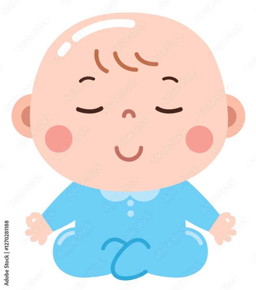 A peaceful and adorable cartoon illustration of a baby sitting cross-legged in a meditation pose, dressed in a light blue onesie. A peaceful and adorable cartoon illustration of a baby sitting cross-legged in a meditation pose, dressed in a light blue onesie.