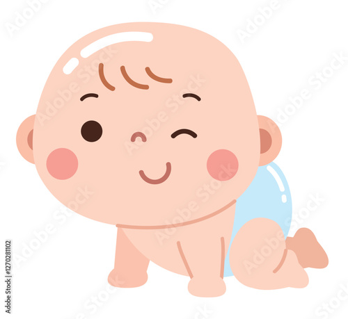 A cute and cheerful cartoon illustration of a baby in a crawling position, wearing a light blue diaper.