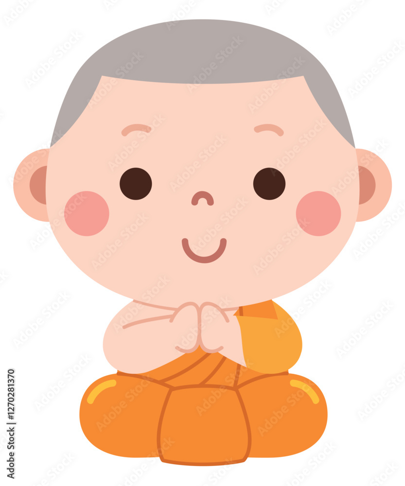A charming and peaceful cartoon illustration of a young novice monk sitting cross-legged with hands joined in a respectful gesture. A charming and peaceful cartoon illustration of a young novice monk sitting cross-legged with hands joined in a respectful gesture.