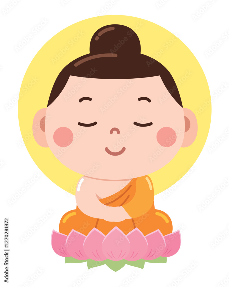 A peaceful and adorable cartoon illustration of a young Buddha figure sitting in a meditative posture on a pink lotus flower. A peaceful and adorable cartoon illustration of a young Buddha figure sitting in a meditative posture on a pink lotus flower.