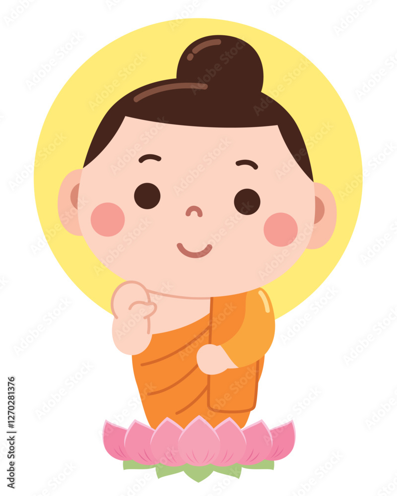 A charming and peaceful cartoon illustration of a young Buddha figure sitting on a pink lotus flower, dressed in traditional orange robes. A charming and peaceful cartoon illustration of a young Buddha figure sitting on a pink lotus flower, dressed in traditional orange robes.