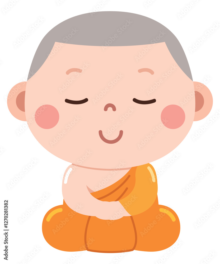 A peaceful and adorable cartoon illustration of a young novice monk sitting in a meditative posture, dressed in traditional orange robes. A peaceful and adorable cartoon illustration of a young novice monk sitting in a meditative posture, dressed in traditional orange robes.