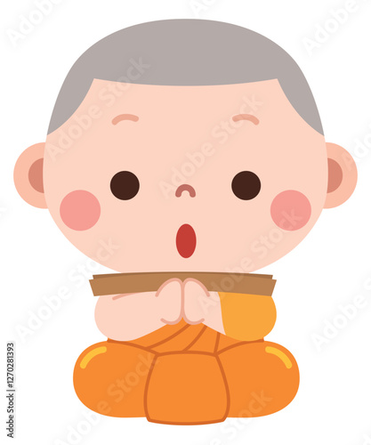 A charming and peaceful cartoon illustration of a young novice monk dressed in traditional orange robes, sitting in a meditative posture while holding a scripture or wooden tablet and chanting.