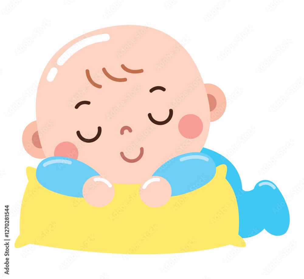 A sweet cartoon illustration of a peaceful baby sleeping on a soft yellow pillow, dressed in a cozy blue outfit. A sweet cartoon illustration of a peaceful baby sleeping on a soft yellow pillow, dressed in a cozy blue outfit.