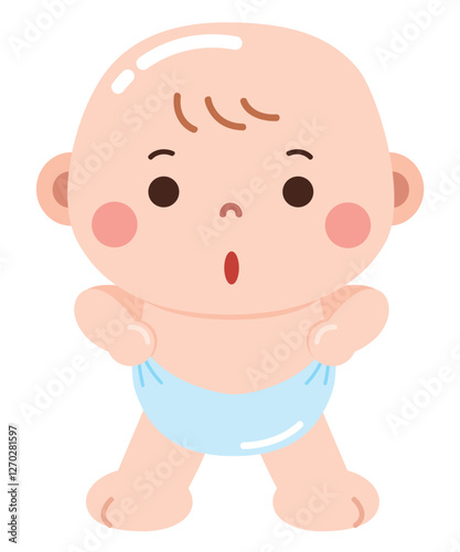 An adorable cartoon illustration of a baby in a diaper with a surprised and curious expression.