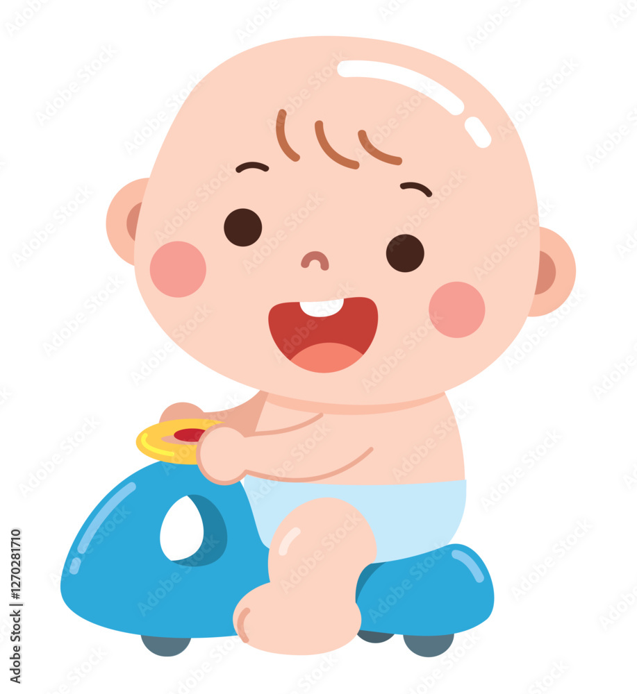 An adorable cartoon illustration of a happy baby sitting on a small blue toy car, joyfully holding the steering wheel. An adorable cartoon illustration of a happy baby sitting on a small blue toy car, joyfully holding the steering wheel.