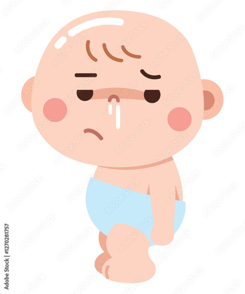 A cute but sad cartoon illustration of a baby feeling unwell, with a runny nose and a tired expression.