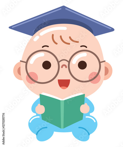 A cute and charming cartoon illustration of a baby wearing round glasses and a graduation cap while reading a book