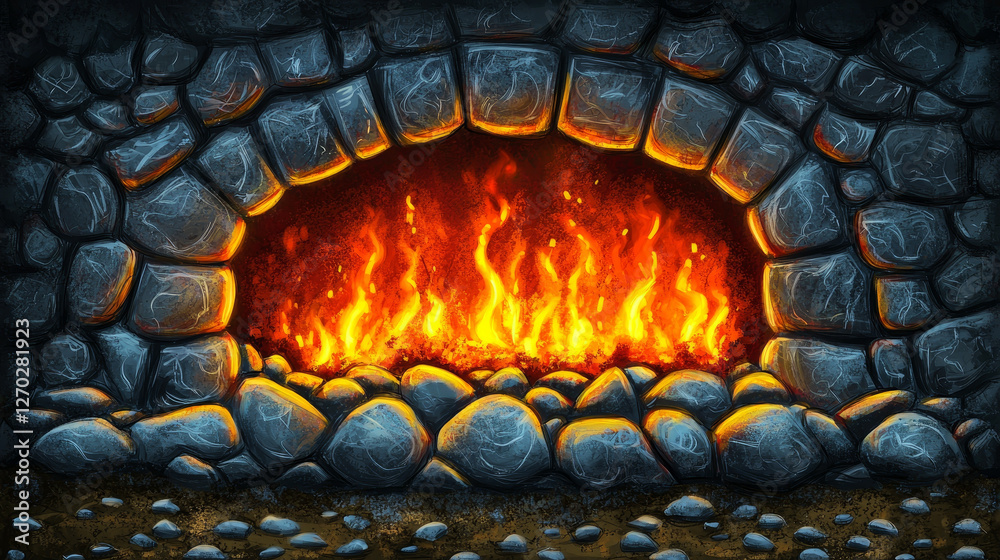 Stone fireplace with roaring fire Stone fireplace with roaring fire