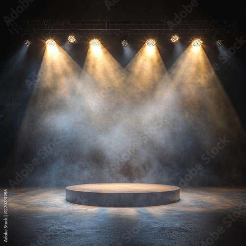 Stage spotlighting a circular platform in smoky haze photo