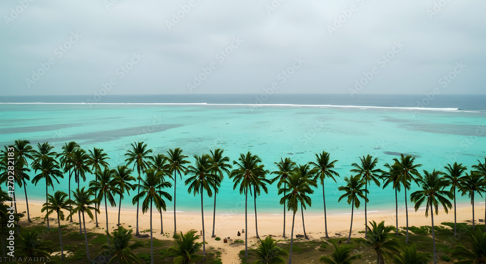 Fototapeta premium Idyllic tropical beach paradise with swaying palms and turquoise water vista