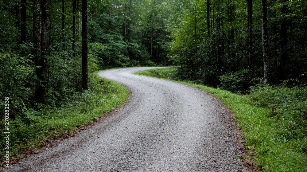 Winding gravel road curves through lush forest Winding gravel road curves through lush forest