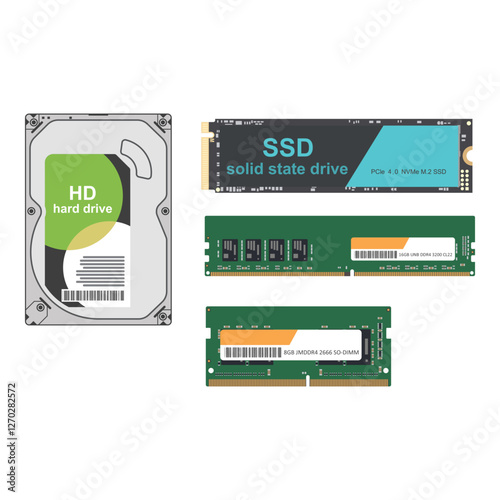 Storage device, USB flash drive, hard drive, memory card illustration