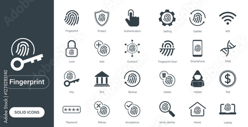 Solid vector icons related to fingerprint, biometric security, authentication, and fingerprint scanning.