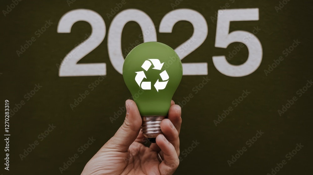 A hand holds a green recycling light bulb for the future A hand holds a green recycling light bulb for the future