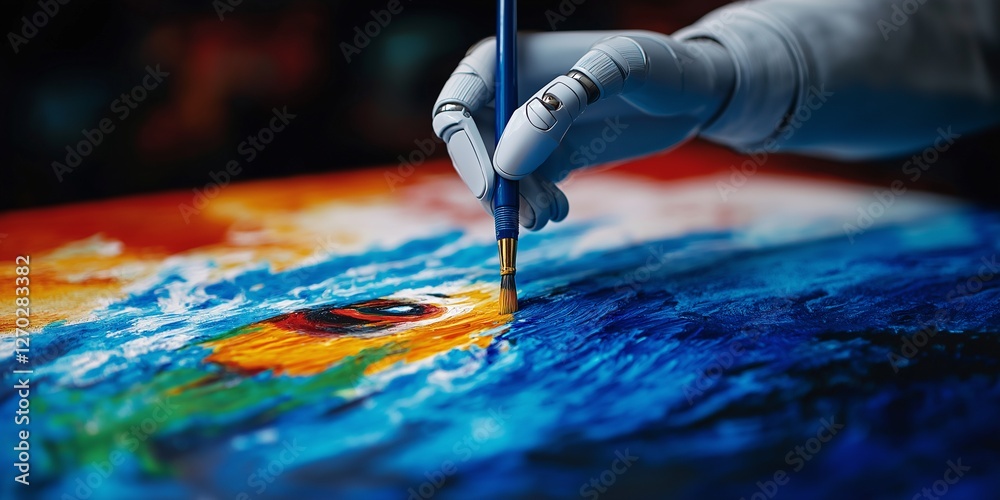 Obraz premium Intricate AI Robot Mechanism Drawing a Colorful Peacock Portrait with Brush Pen Against Dark Luxury Background - An Innovative Fusion of Technology and Artistry