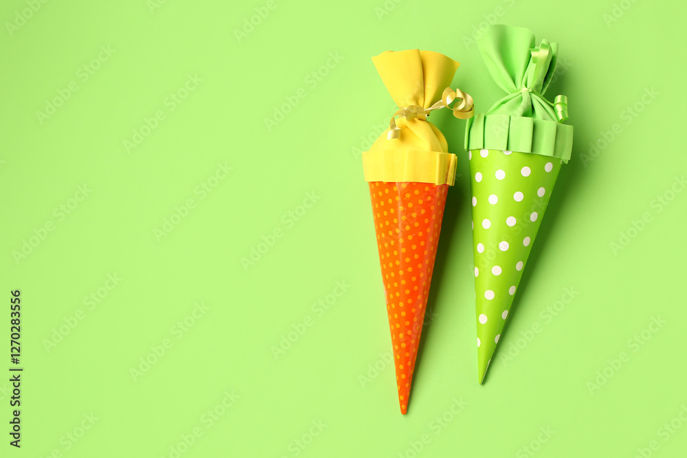 Colorful school cones on green background