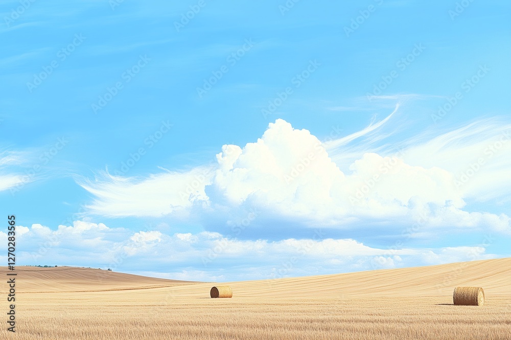 Obraz premium Beautiful wide field with hay bales and a blue sky