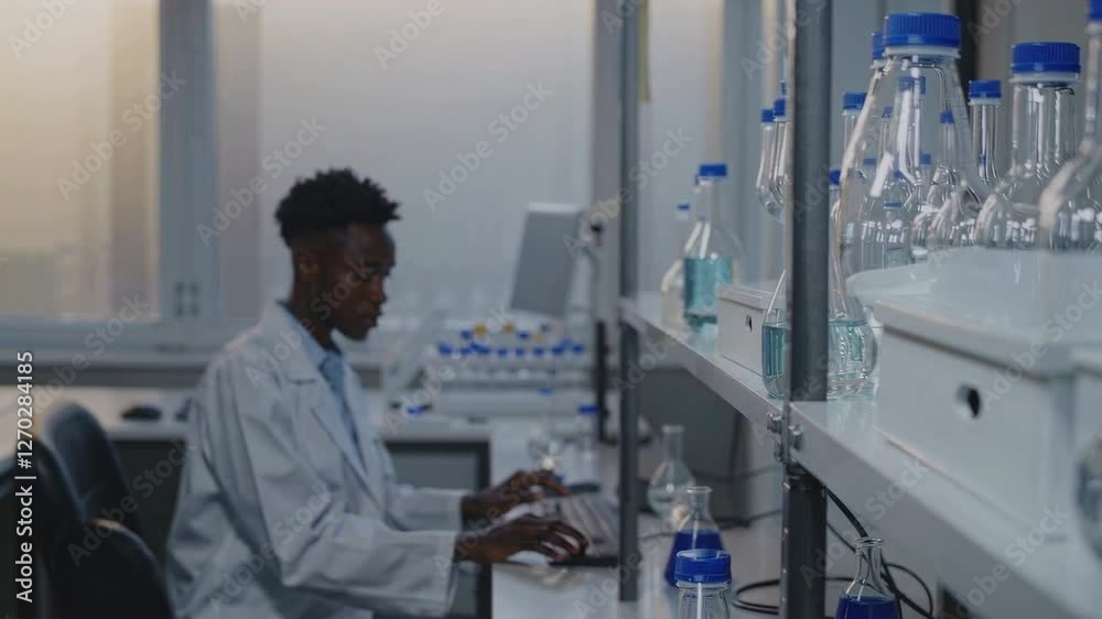 Científicos trabajando en laboratorio moderno. Hombre en bata de laboratorio usando una computadora mientras observa frascos de vidrio, mientras una mujer científica organiza los frascos.