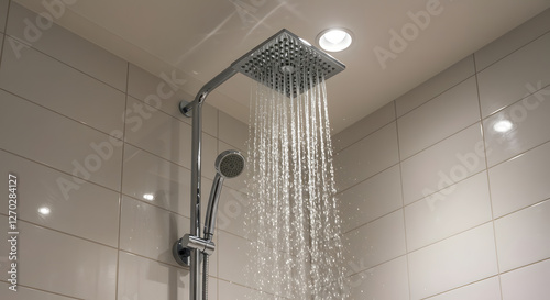 Invigorating shower experience, Modern bathroom with rainfall showerhead photo