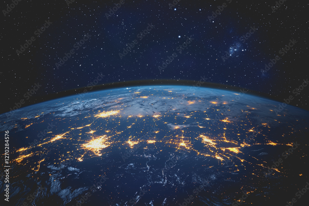 Obraz premium Aerial view of earth at night showcasing city lights and dark landscapes across the globe