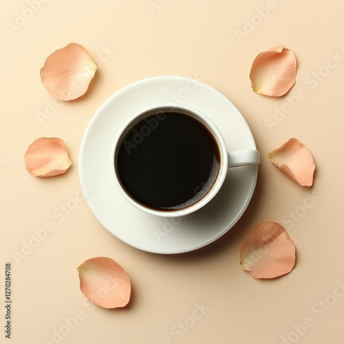 Coffee cup and petals  Aromatic morning beverage with delicate floral accents photo